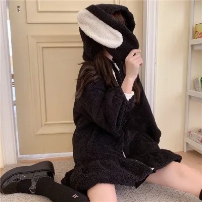 Palton din lână de miel, căptușit cu bumbac, glugă cu urechi de iepuraș, margine cu model lotus, căptușeală groasă de bumbac