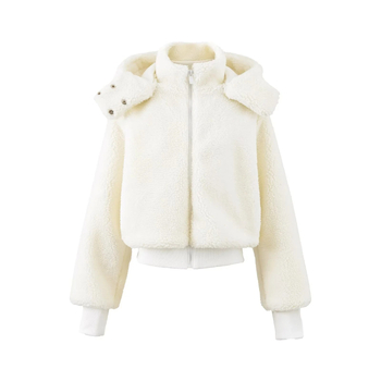 Női kapucnis kabát báránygyapjából, rövid fazon, cipzár, téli 2025, vastag, egyszínű; fő anyag: regenerált cellulóz rost 90–95% + spandex