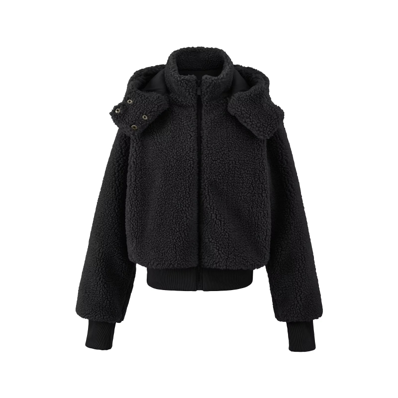 Női kapucnis kabát báránygyapjából, rövid fazon, cipzár, téli 2025, vastag, egyszínű; fő anyag: regenerált cellulóz rost 90–95% + spandex