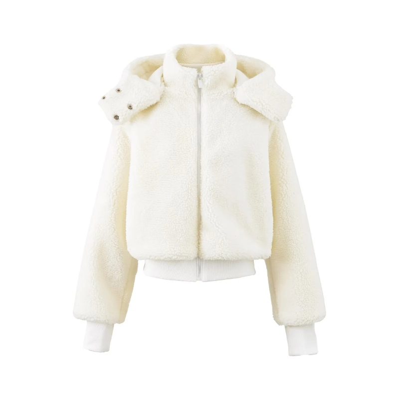 Női kapucnis kabát báránygyapjából, rövid fazon, cipzár, téli 2025, vastag, egyszínű; fő anyag: regenerált cellulóz rost 90–95% + spandex