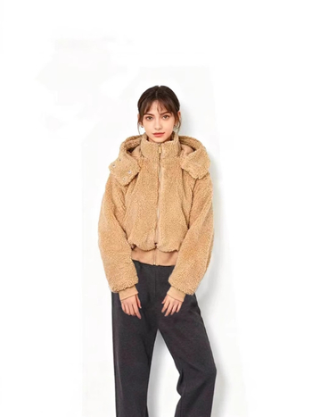 Jachetă cu glugă din blană de miel, croială scurtă, fermoar, Iarna 2025, amestec de bumbac 70-80%, spandex <30%