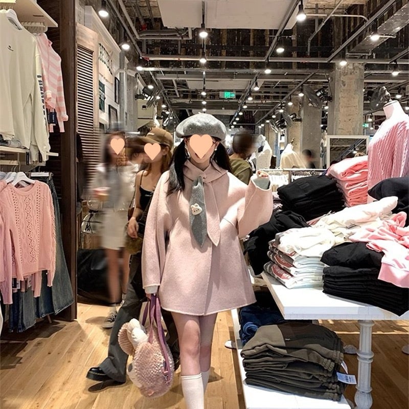 Női gyapjúkabát kapucnival, egyszínű, rejtett gombos zárás, városi stílus, 2025 tél