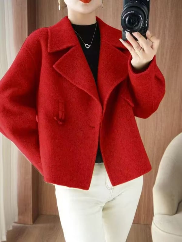 Női reverszibil kasmír-gyapjú kabát, ultra rövid, polo gallér, hosszú ujjú, egygombos zárás