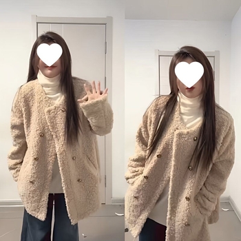 Παλτό από corduroy με λεπτομέρεια γούνας κουνελιού κάτω από 30%, διπλό κλείσιμο, φαρδιά γραμμή, ρετρό σχεδίαση φθινοπωρινό-χειμερινό