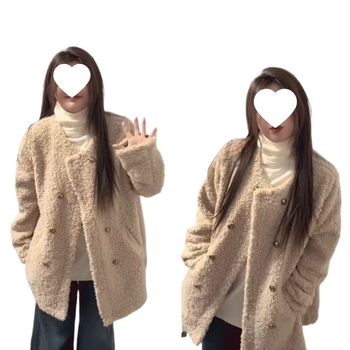 Παλτό από corduroy με λεπτομέρεια γούνας κουνελιού κάτω από 30%, διπλό κλείσιμο, φαρδιά γραμμή, ρετρό σχεδίαση φθινοπωρινό-χειμερινό