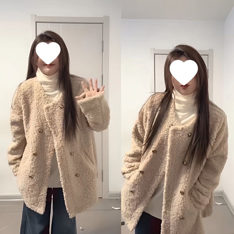 Παλτό από corduroy με λεπτομέρεια γούνας κουνελιού κάτω από 30%, διπλό κλείσιμο, φαρδιά γραμμή, ρετρό σχεδίαση φθινοπωρινό-χειμερινό