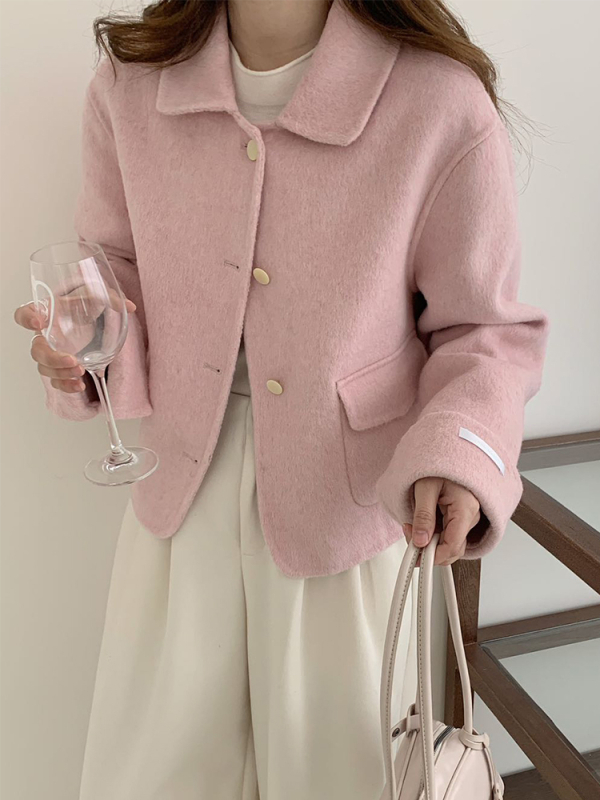 Női rövid gyapjú kabát egyszínű, gyapjú–elasztán keverék (<30%), ősz 2025, hosszú ujjú, egyenes szabás, japán-koreai lazább stílus