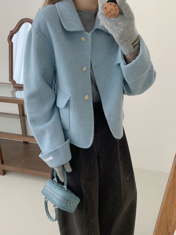 Női rövid gyapjú kabát egyszínű, gyapjú–elasztán keverék (<30%), ősz 2025, hosszú ujjú, egyenes szabás, japán-koreai lazább stílus