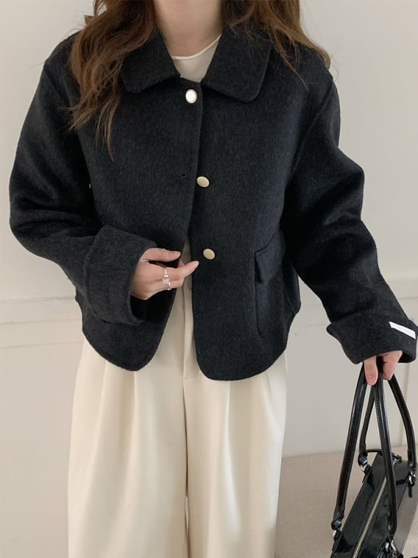 Női rövid gyapjú kabát egyszínű, gyapjú–elasztán keverék (<30%), ősz 2025, hosszú ujjú, egyenes szabás, japán-koreai lazább stílus