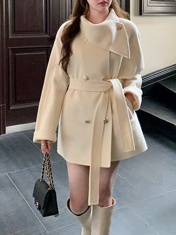 Női gyapjú kabát sálgallérral, szalaggal záródó plackettel, kézzel készített, középhosszú, raglán ujjú, téli 2025, 70-80% gyapjú