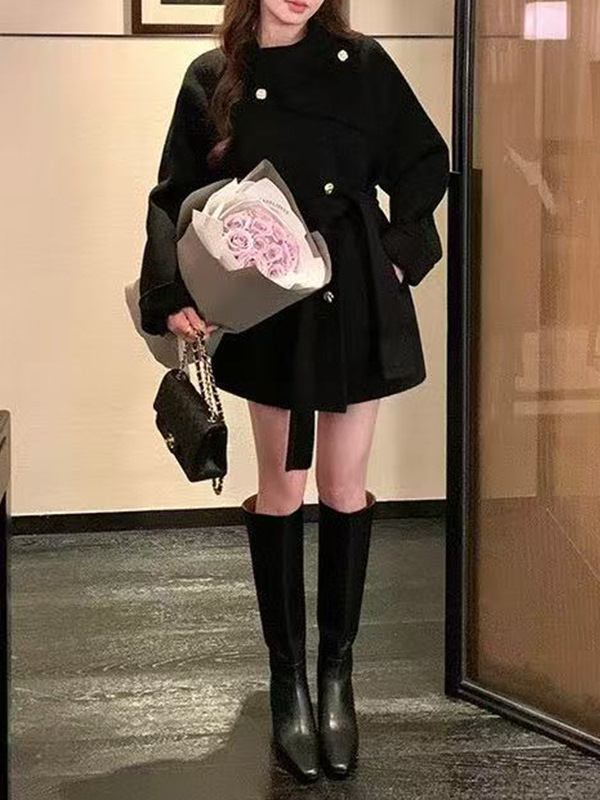 Női gyapjú kabát sálgallérral, szalaggal záródó plackettel, kézzel készített, középhosszú, raglán ujjú, téli 2025, 70-80% gyapjú