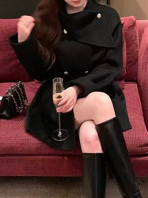 Női gyapjú kabát sálgallérral, szalaggal záródó plackettel, kézzel készített, középhosszú, raglán ujjú, téli 2025, 70-80% gyapjú