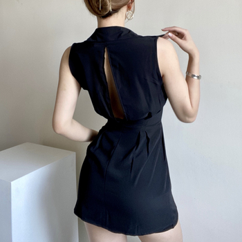 Rochie-tip cămașă din Ice Silk, spate decupat, fără mâneci, guler rever, croială A-line