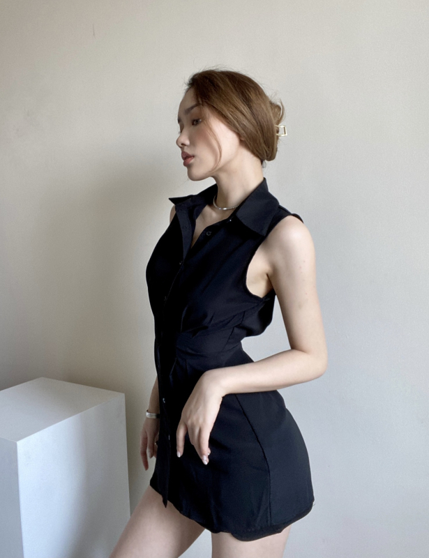 Rochie-tip cămașă din Ice Silk, spate decupat, fără mâneci, guler rever, croială A-line