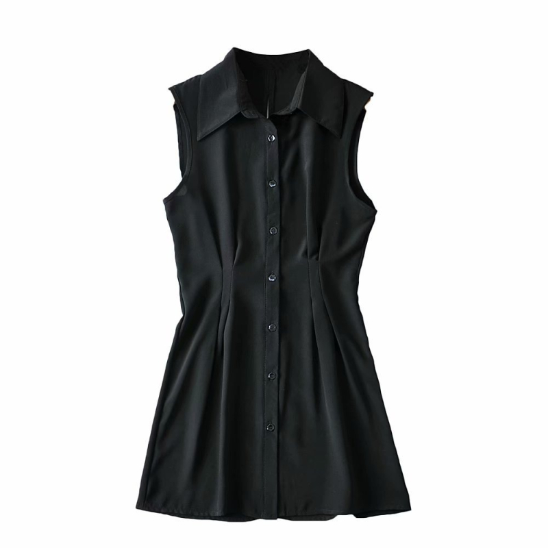 Rochie-tip cămașă din Ice Silk, spate decupat, fără mâneci, guler rever, croială A-line