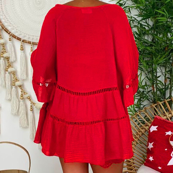 Haljina od pamuka i lana s V-izrezom, 3/4 rukavi, ležernog kroja, gumbi i detalj izreza