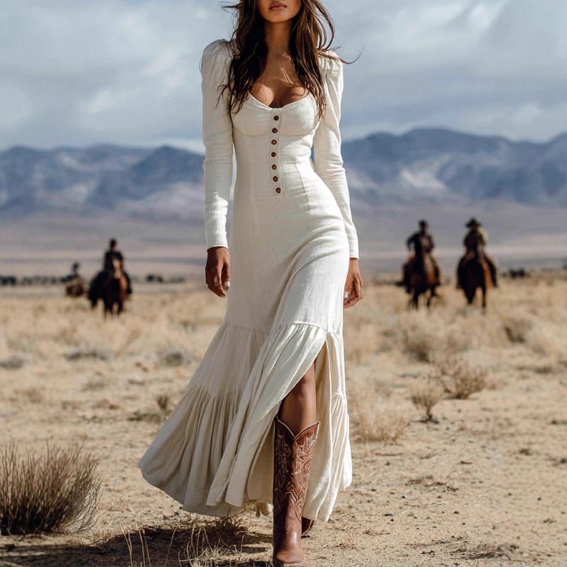 Rochie lungă plisată cu decolteu în V, talie înaltă, nasturi în față, mâneci lungi — poliester cu elastan, căptușită