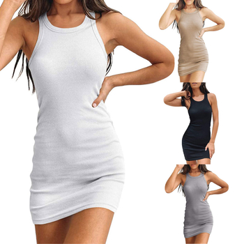 Rochie midi fără mâneci, decolteu rotund, croială strânsă, poliester stretch cu spandex