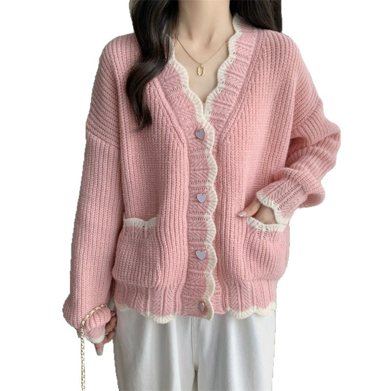 Cardigan tricotat în stil coreean, guler în V, croială lejeră, mâneci lungi, nasturi în formă de inimă, margine ondulată