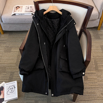 Γυναικείο μπουφάν σε μεγαλύτερο μέγεθος, με κουκούλα, φερμουάρ, μόνωση από пух και βαμβάκι, μακριά χαλαρή γραμμή, πολυεστερική ύφανση, χειμώνας 2025