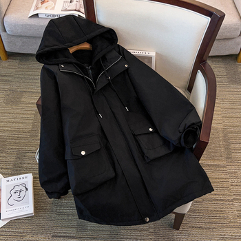 Γυναικείο μπουφάν σε μεγαλύτερο μέγεθος, με κουκούλα, φερμουάρ, μόνωση από пух και βαμβάκι, μακριά χαλαρή γραμμή, πολυεστερική ύφανση, χειμώνας 2025