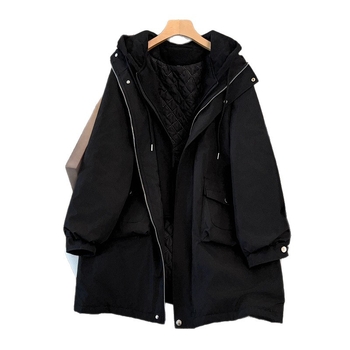 Γυναικείο μπουφάν σε μεγαλύτερο μέγεθος, με κουκούλα, φερμουάρ, μόνωση από пух και βαμβάκι, μακριά χαλαρή γραμμή, πολυεστερική ύφανση, χειμώνας 2025