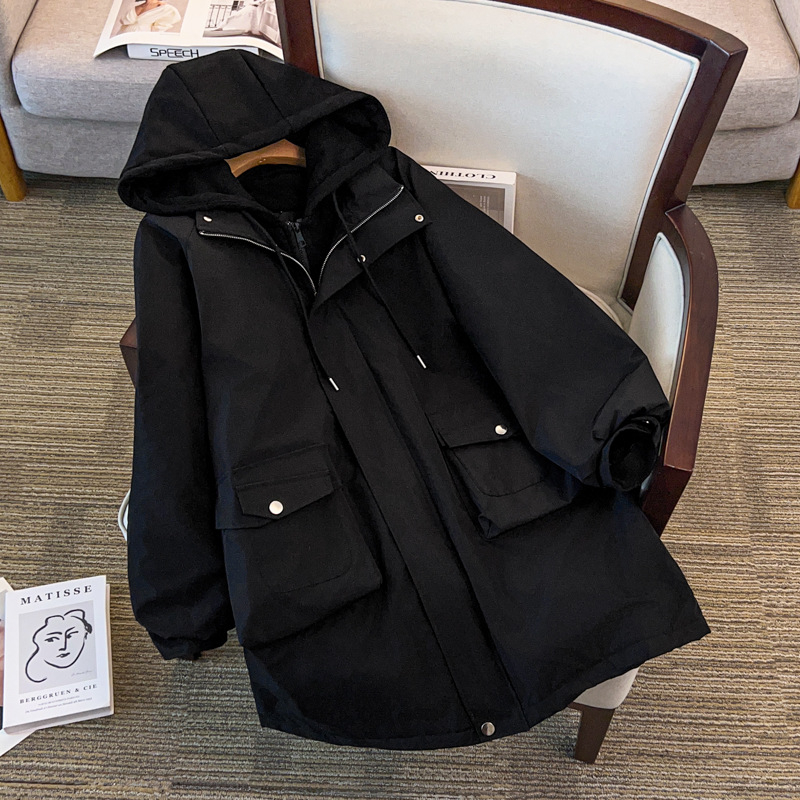 Γυναικείο μπουφάν σε μεγαλύτερο μέγεθος, με κουκούλα, φερμουάρ, μόνωση από пух και βαμβάκι, μακριά χαλαρή γραμμή, πολυεστερική ύφανση, χειμώνας 2025