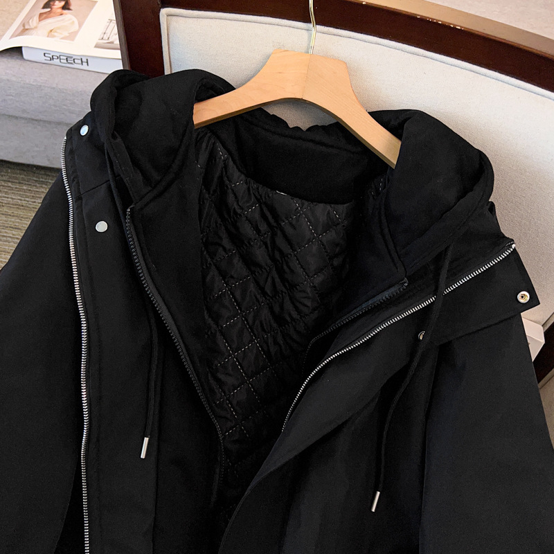 Γυναικείο μπουφάν σε μεγαλύτερο μέγεθος, με κουκούλα, φερμουάρ, μόνωση από пух και βαμβάκι, μακριά χαλαρή γραμμή, πολυεστερική ύφανση, χειμώνας 2025
