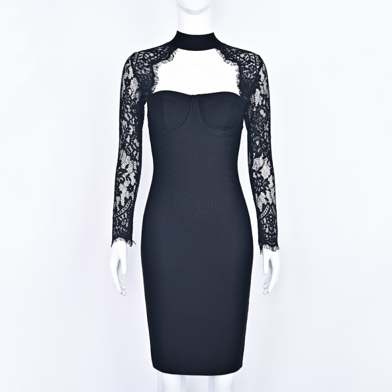 Rochie din dantelă cu panou transparent, croi slim, halter cu decolteu în V, lungime midi