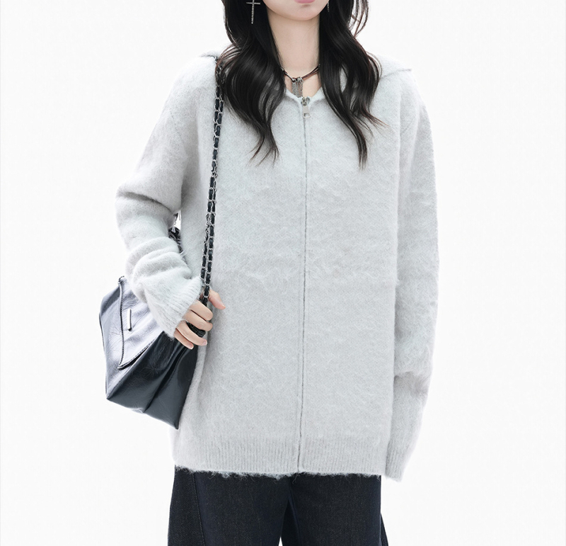 Cardigan tricotat cu glugă, stil coreean, tricot simplu, conținut principal de țesătură 70–80%