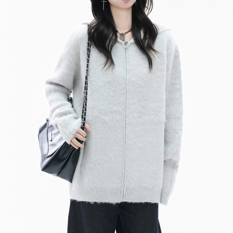 Cardigan tricotat cu glugă, stil coreean, tricot simplu, conținut principal de țesătură 70–80%