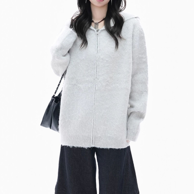 Cardigan tricotat cu glugă, stil coreean, tricot simplu, conținut principal de țesătură 70–80%