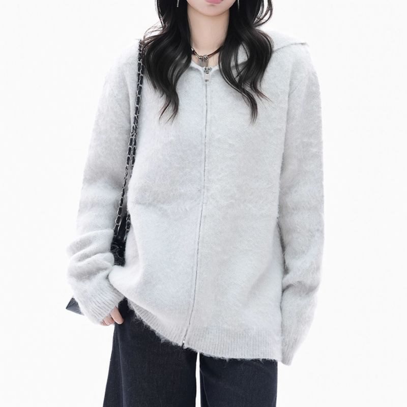 Cardigan tricotat cu glugă, stil coreean, tricot simplu, conținut principal de țesătură 70–80%