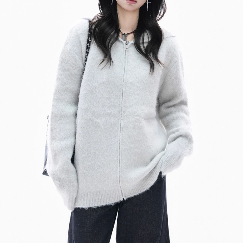 Cardigan tricotat cu glugă, stil coreean, tricot simplu, conținut principal de țesătură 70–80%