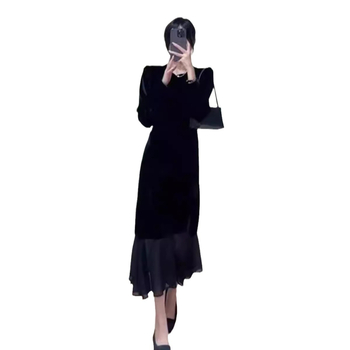 Rochie de catifea în croială A-line, lungă, guler rotund, mâneci scurte, culoare solidă, fermoar