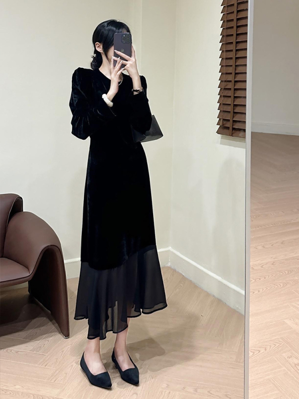 Rochie de catifea în croială A-line, lungă, guler rotund, mâneci scurte, culoare solidă, fermoar