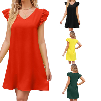 Rochie de vară pentru femei, decolteu în V, mâneci bufante, talie lejeră, siluetă A-line, material poliester-elastan uni