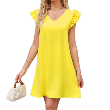 Rochie de vară pentru femei, decolteu în V, mâneci bufante, talie lejeră, siluetă A-line, material poliester-elastan uni