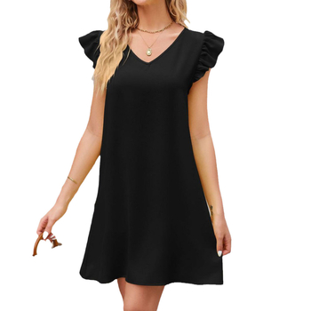 Rochie de vară pentru femei, decolteu în V, mâneci bufante, talie lejeră, siluetă A-line, material poliester-elastan uni