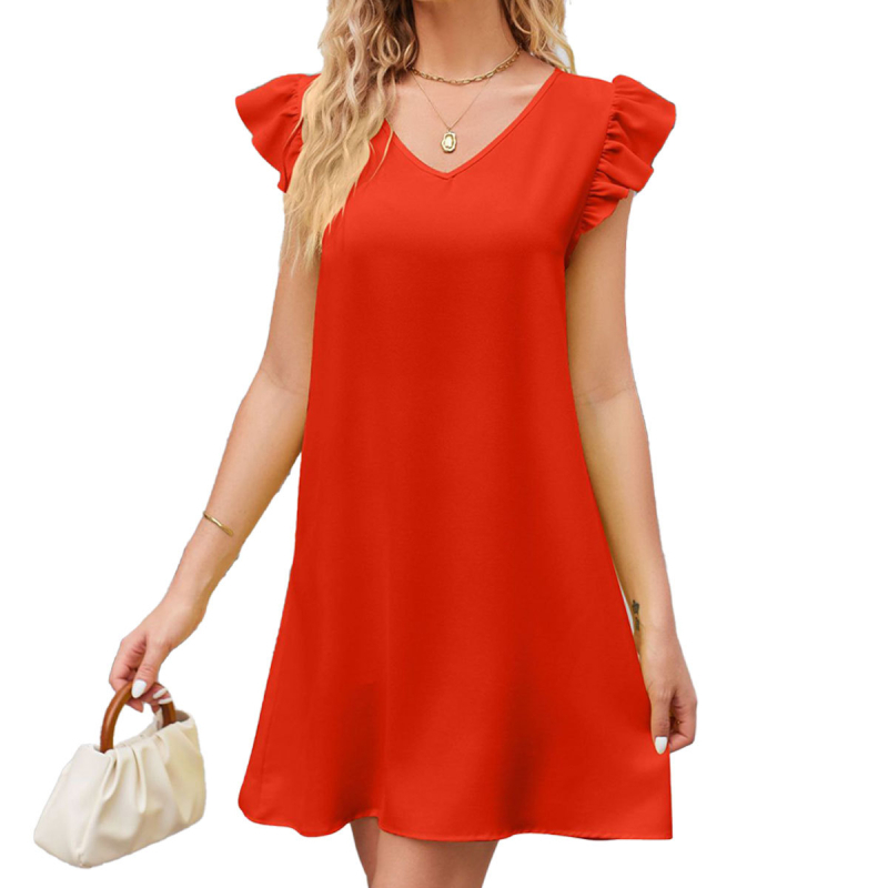 Rochie de vară pentru femei, decolteu în V, mâneci bufante, talie lejeră, siluetă A-line, material poliester-elastan uni