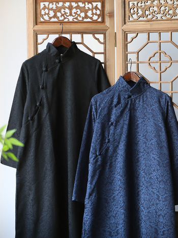 Rochie din bumbac-lin cu jacquard, stil artistic retro, guler înalt, mâneci lungi, fustă lungă