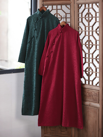 Rochie din bumbac-lin cu jacquard, stil artistic retro, guler înalt, mâneci lungi, fustă lungă