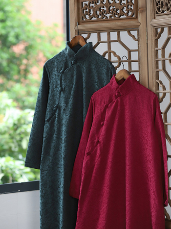 Rochie din bumbac-lin cu jacquard, stil artistic retro, guler înalt, mâneci lungi, fustă lungă