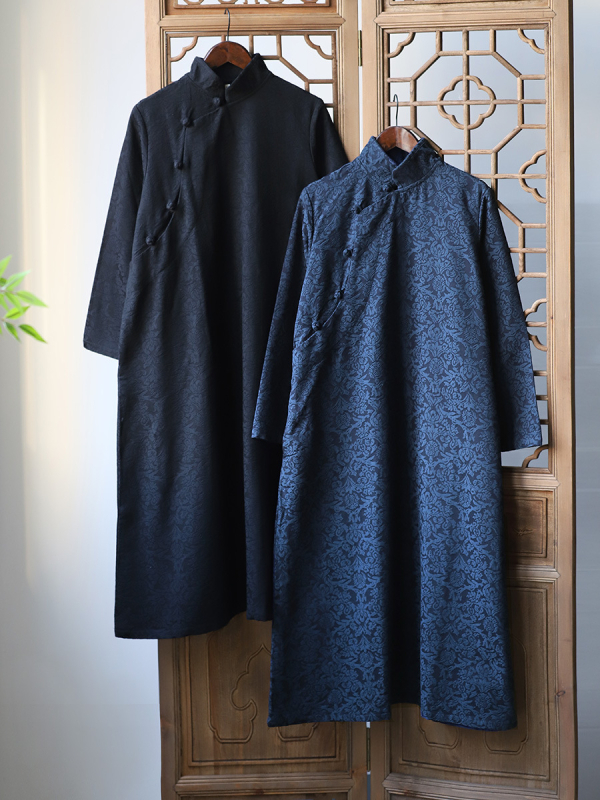 Rochie din bumbac-lin cu jacquard, stil artistic retro, guler înalt, mâneci lungi, fustă lungă