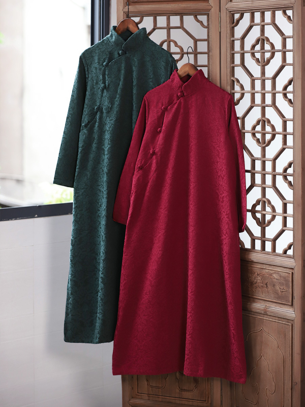 Rochie din bumbac-lin cu jacquard, stil artistic retro, guler înalt, mâneci lungi, fustă lungă