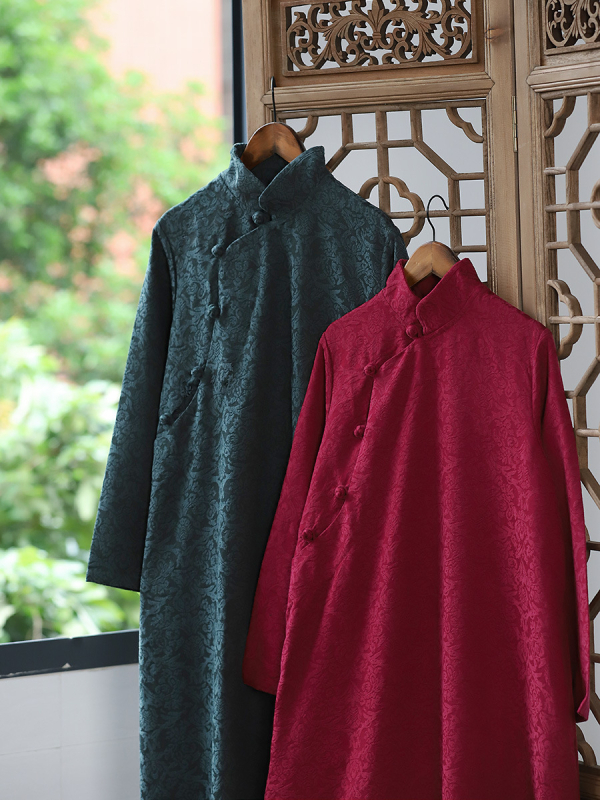 Rochie din bumbac-lin cu jacquard, stil artistic retro, guler înalt, mâneci lungi, fustă lungă