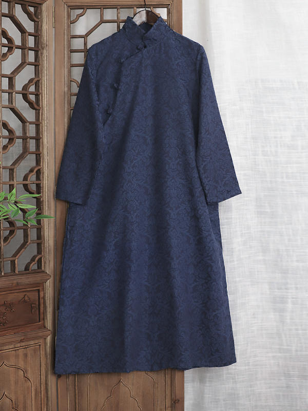 Rochie din bumbac-lin cu jacquard, stil artistic retro, guler înalt, mâneci lungi, fustă lungă