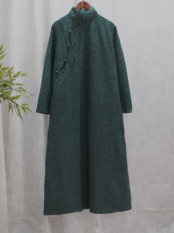 Rochie din bumbac-lin cu jacquard, stil artistic retro, guler înalt, mâneci lungi, fustă lungă