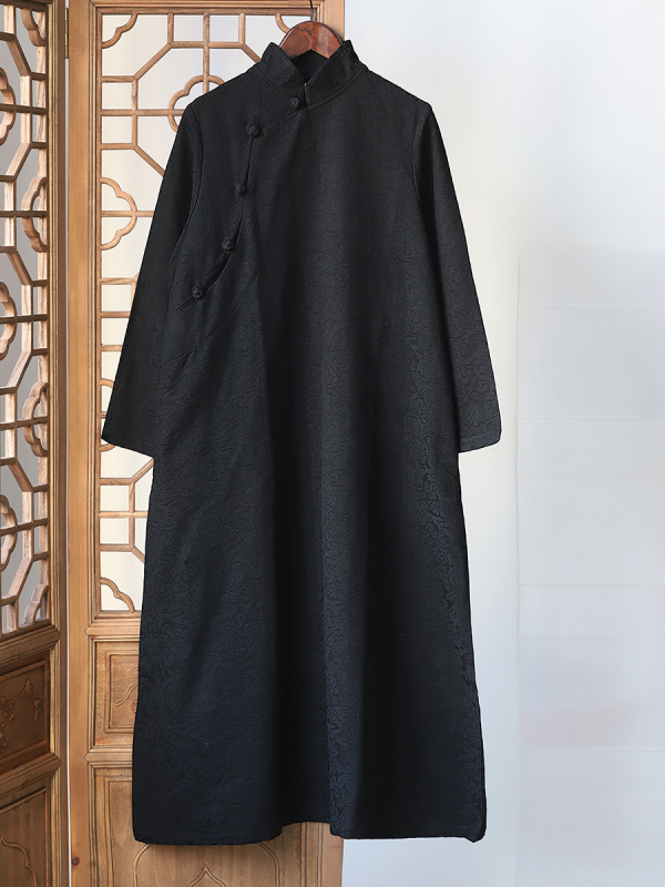 Rochie din bumbac-lin cu jacquard, stil artistic retro, guler înalt, mâneci lungi, fustă lungă