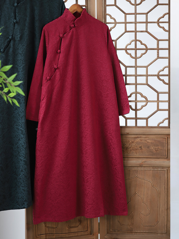 Rochie din bumbac-lin cu jacquard, stil artistic retro, guler înalt, mâneci lungi, fustă lungă